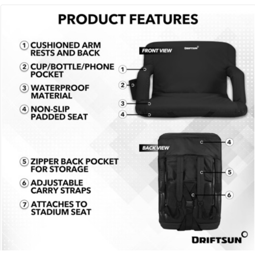 Driftsun 2 Pack Extra Wide Stadium Seats with Back Support - Deluxe Foldable Stadium Chairs for Bleachers - Folding Waterproof Sport Chair Easy to Transport