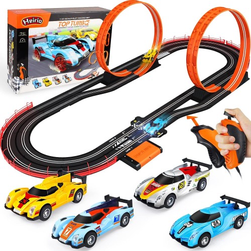 4 Slot Cars 1:43 Scale with Headlights, 2 Loops, Lap Counter, 2 Controllers, Dual Racing 2 Player Game