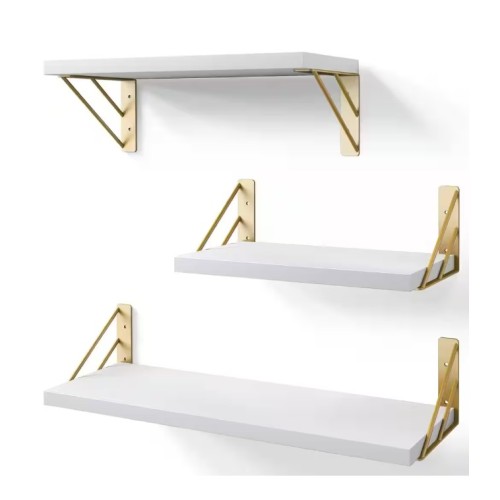 16.5 in. W x 5.5 in. D White-Gold Rustic Wood Decorative Wall Shelf Set of 3