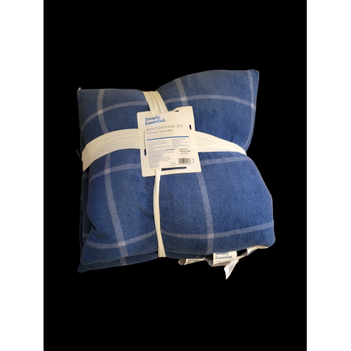 Simply Essential 3-Piece Windowpane Plaid Throw Blanket and Throw Pillow Bundle - NAVY 