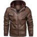 Large - HOOD CREW Men’s Casual Stand Collar PU Faux Leather Zip-Up Motorcycle Bomber Jacket With a Removable Hood