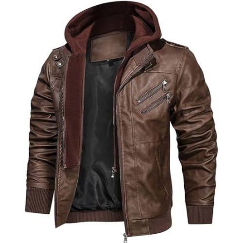 Large - HOOD CREW Men’s Casual Stand Collar PU Faux Leather Zip-Up Motorcycle Bomber Jacket With a Removable Hood