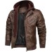 Large - HOOD CREW Men’s Casual Stand Collar PU Faux Leather Zip-Up Motorcycle Bomber Jacket With a Removable Hood