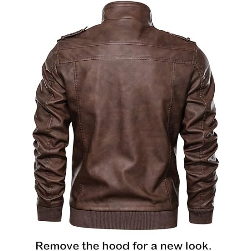 Large - HOOD CREW Men’s Casual Stand Collar PU Faux Leather Zip-Up Motorcycle Bomber Jacket With a Removable Hood