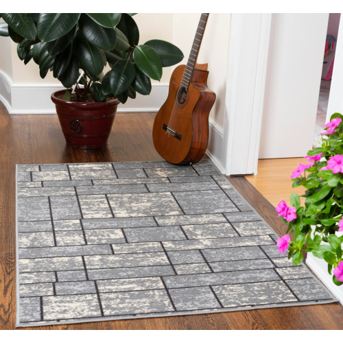 Ottohome Collection Non-Slip Rubberback Boxes Design 3x5 Indoor Area Rug, 3 ft. 3 in. x 5 ft., Gray