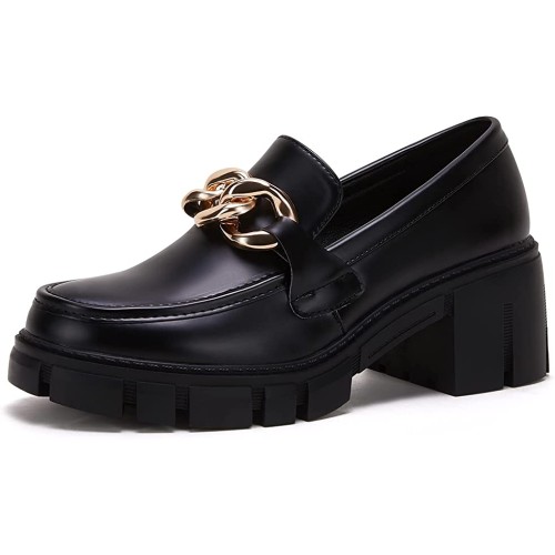 TINSTREE Platform Loafers for Women with Chain Comfort Chunky Heel Slip On Round Toe Business Work Shoes