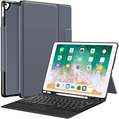 iPad Pro 12.9 Case with Keyboard Compatible for iPad Pro 12.9" 2015/2017, Ultra-Thin PU Leather Silicon Rugged Shock Keyboard Stand Case with Pencil Holder