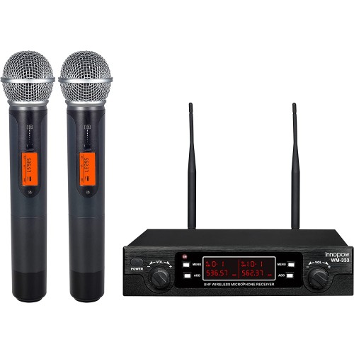 innopow 200-Channel Wireless Microphones System, Dual UHF Metal Cordless Mic Set, Auto Scan, Long Range 200-240Ft,16 Hours Use for Karaoke Singing, Church, 2022 Version(WM333)