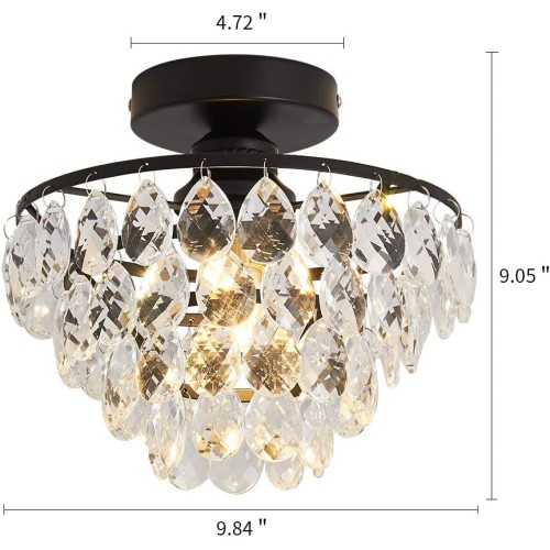 YYJLX Modern Small Crystal Ceiling Light Fixture Mini Black Semi Flush Mount Chandelier Light Fixture for Hallway Bedroom Bathroom Closet e26