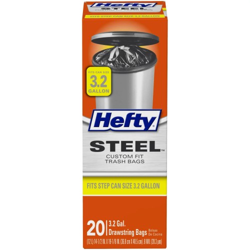 Hefty Steel Custom Fit B Size Drawstring Trash Bags, Black, Unscented 20 Ct