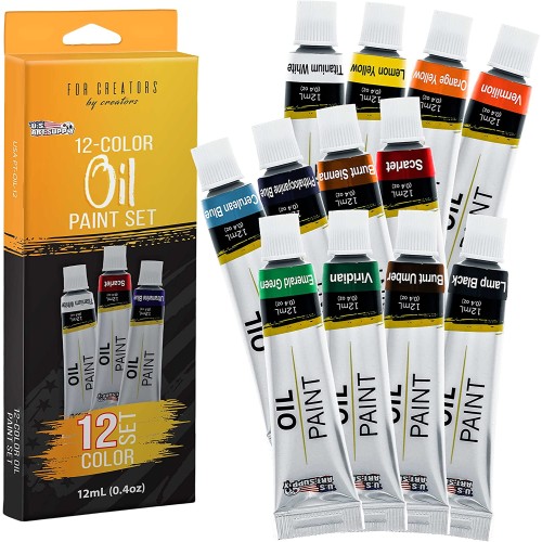 U.S. Art Supply Professional 12 Color Set of Art Oil Paint in 12ml Tubes - Rich Vivid Colors for Artists, Students, Beginners - Canvas Portrait Paintings