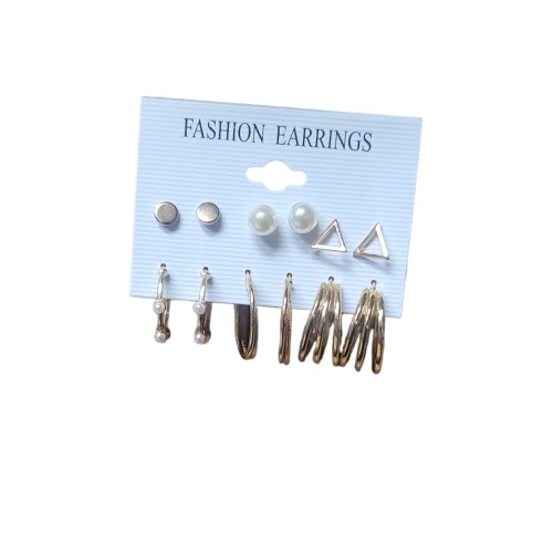 Fashion earrings six pairs gold tone three studs and three hoop earrings with backs for pierced ears