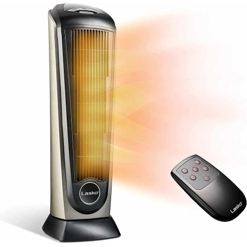 Lasko Oscillating Ceramic Tower Space Heater for Home with Adjustable Thermostat, Timer and Remote Control, 22.5 Inches, Grey/Black, 1500W, 751320