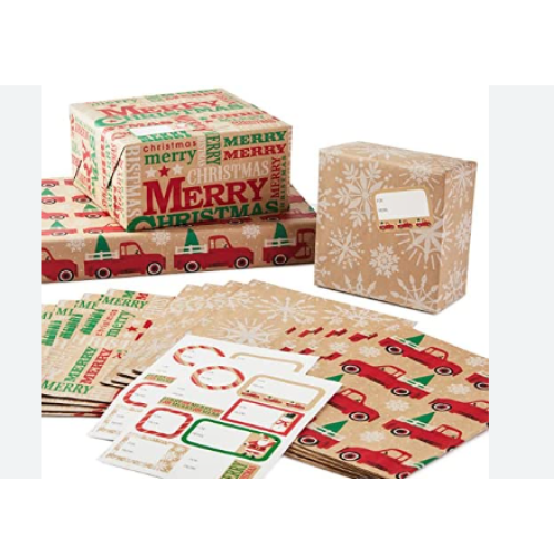 Hallmark Recyclable Kraft Christmas Flat Wrapping Paper Sheets with Cutlines on Reverse (12 Folded Sheets with Sticker Gift Tags) Rustic Red Trucks, White Snowflakes, "Merry Christmas" Lettering