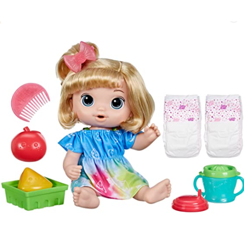 Baby Alive Fruity Sips Doll, Apple, Toys for 3 Year Old Girls, 12-inch Baby Doll Set, Drinks & Wets, Pretend Juicer, Kids 3 and Up, Blonde Hair