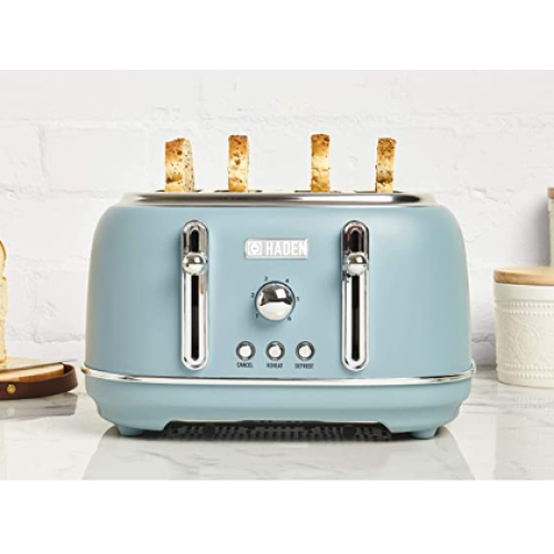 Haden 75026 Highclere Innovative 4 Slice Retro Vintage Countertop Wide Slot Toaster Kitchen Appliance with Self Centering Function, Pool Blue