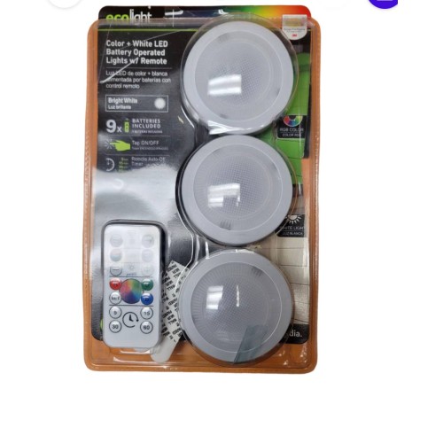 Ecolight Battery-Operated 3-Pack Tap Pucks - 30,000 Hours Lamp Life - White