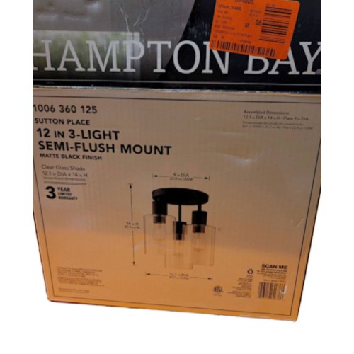 HAMPTON BAY SUTTON PLACE 14 IN. 3-LIGHT MATTE BLACK FLUSH MOUNT, FARMHOUSE CEILING LIGHT 