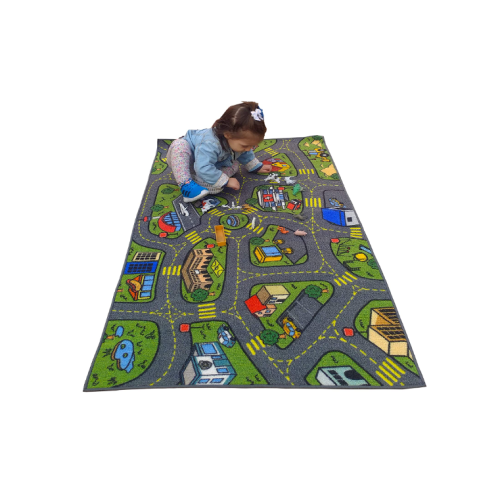 JUNGTIER Fun Time Retro City Traffic Car Road Map Educational Learning & Game Area Rug