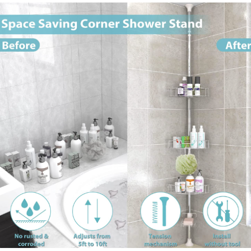 Stainless Steel Corner Shower Caddy Stand Storage Organizer with Rustproof Tension Pole for Bathroom Bathtub Shampoo Soap Plants