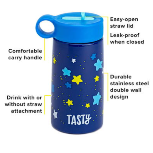 Tasty 16 oz Multi-color Stainles Steel Water Bottle with Straw and Flip-Top Lid