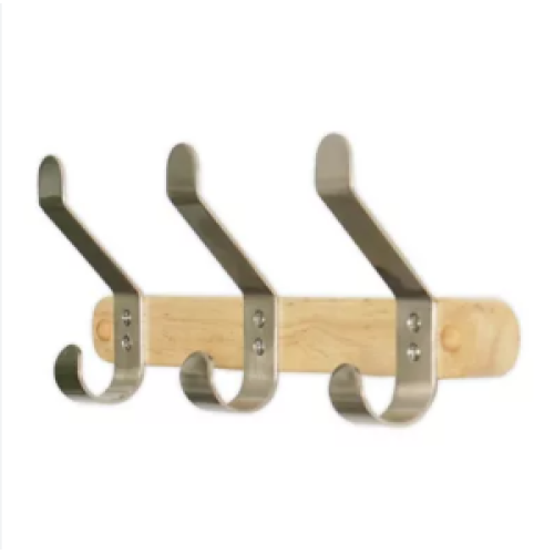 Wall mounted wood and metal 3-hook rack