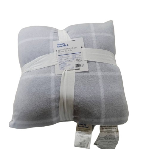 Simply Essential 3-Piece Windowpane Plaid Throw Blanket Feather Pillow Bundle