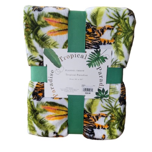 Tropical Paradise Flannel Throw Blanket. Palm & Tiger Print