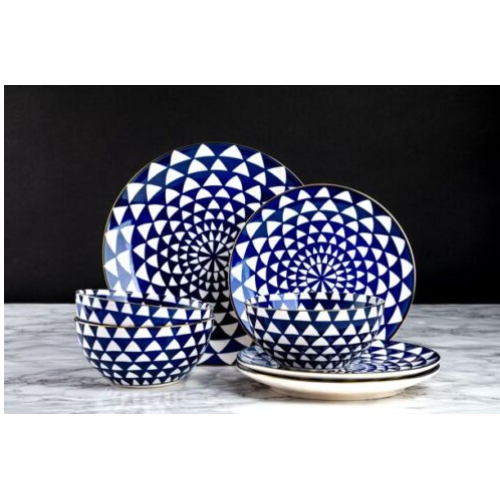 Thyme & Table Medallion Stoneware Dinnerware Set 12 Piece Black & White/ Blue