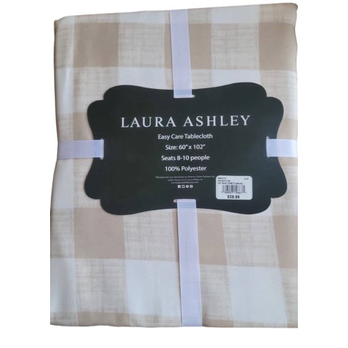 Laura Ashley Easy Care Tablecloth Light Brown White Plaid 