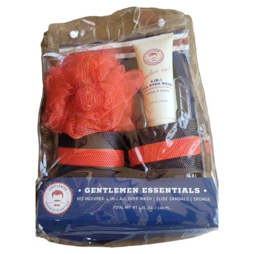 GENTLEMEN ESSENTIALS 4 IN 1 ALL OVER WASH SLIDE SANDALS RED SPONGE 4 OZ SET