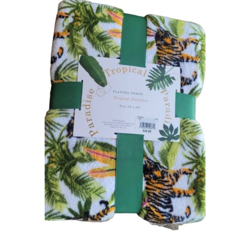 Tropical Paradise Flannel Throw Blanket. Palm & Tiger Print 50 × 60"