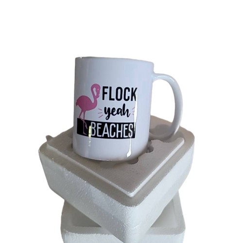 Flock Yeah Beaches 11 Ounce White Ceramic Tea Cup Flamingo Mug Flamingo Gift Funny Pun Mug