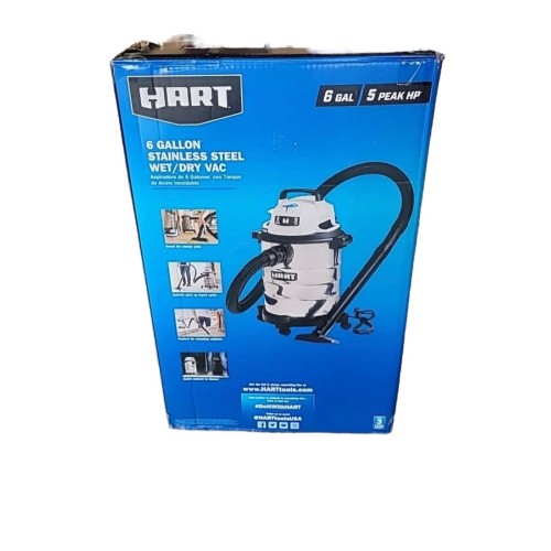 HART 6 Gallon 5 Peak HP Stainless Steel Wet/Dry Vacuum with Cartridge Filter