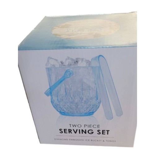 Diamond Embossed 2 Piece Serving Ice Bucket & Tong Set Shatter Resistant Blue