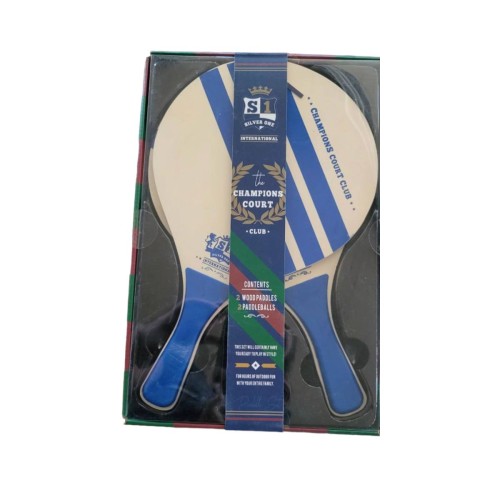 Wood Paddles Set Champions Court Club 2 Wooden Paddles & 2 Balls NEW IN BOX Blue