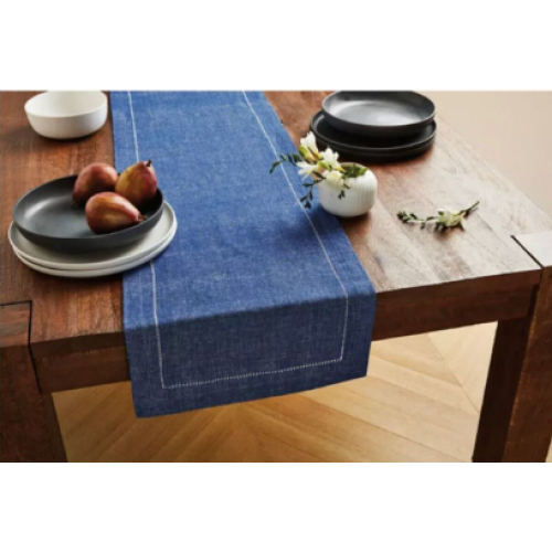 Our Table Coastal Sodalite Blue Hemstitch 90in Linen Cotton Blend Table Runner