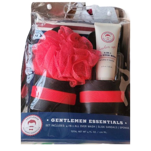 GENTLEMEN ESSENTIALS 4 IN 1 ALL OVER WASH SLIDE SANDALS RED SPONGE 4 OZ SET