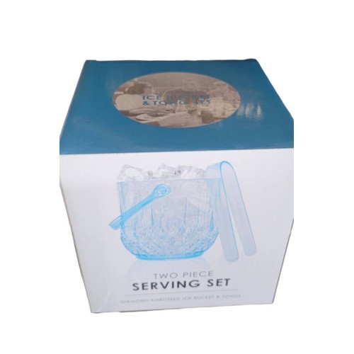 Diamond Embossed 2 Piece Serving Ice Bucket & Tong Set Shatter Resistant Blue