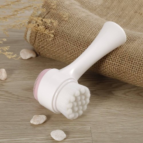 Brife Double Sided Facial Brush Manual Face Cleansing Brush Superfine Synthetic Hair Brush Handheld Silicon Brush (Pink)