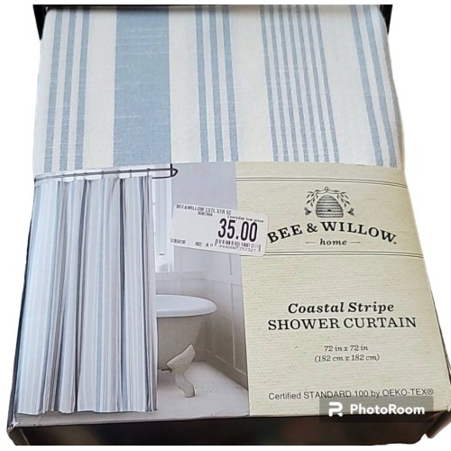 New Bee & Willow 100% Cotton Costal Stripe Shower Curtain - Blue Fog - NIP