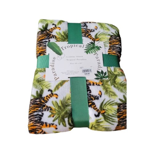 Tropical Paradise Flannel Throw Blanket. Palm & Tiger Print 50 × 60"
