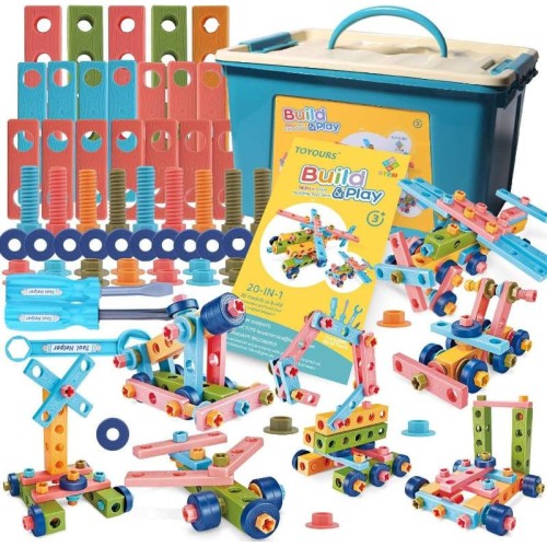 Erector Sets for Kids Ages 4-8, 163 Piece Erector Set, STEM Building Toys for 4 5 6 7 8 Year Old Girls Boys, Building Blocks with Tools, Design Guide and Toy Storage Box, Valentines Day Gifts for Kids