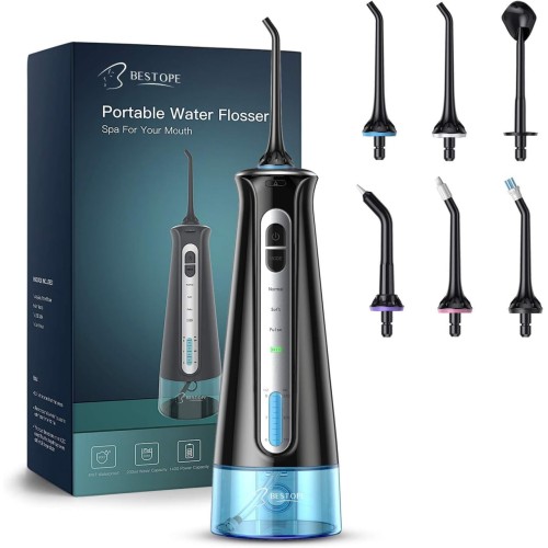 BBESTOPE Water Flosser Cordless for Teeth, Electric Teeth Cleaner IPX7 Waterproof Portable and Rechargeable Dental Oral Irrigator with Semi-Hidden Tank 6 Jet Tips for Home Travel Braces & Bridges Care