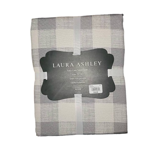 Laura Ashley Easy Care Tablecloth Light Grey White Plaid 70" Round