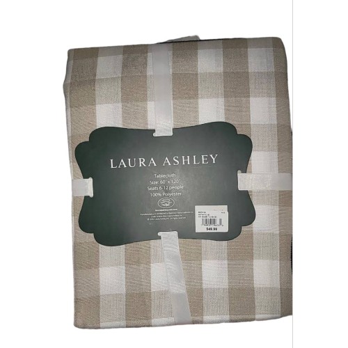 Laura Ashley Easy Care Tablecloth Light Brown White Plaid 60" X 120" Oblong