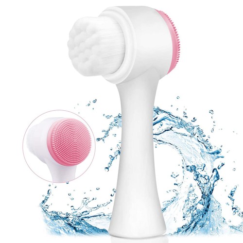 Brife Double Sided Facial Brush Manual Face Cleansing Brush Superfine Synthetic Hair Brush Handheld Silicon Brush (Pink)