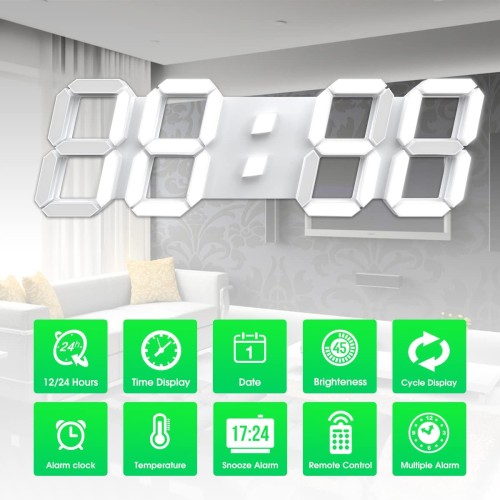 EDUP HOME 15" Large 3D LED Digital Wall Alarm Clock with Remote Control