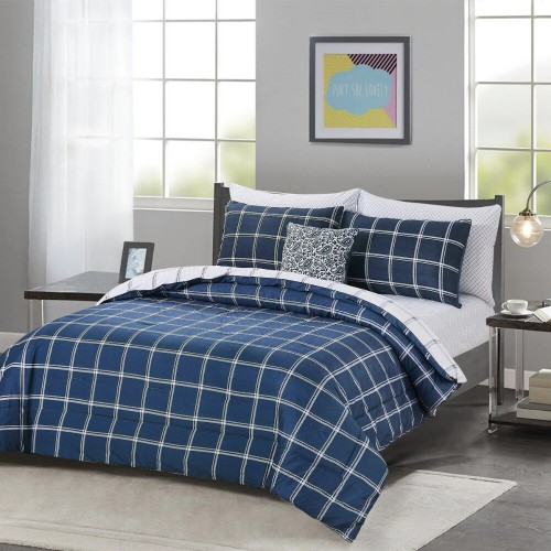 Chaps 8-Piece Plaid Bedding Comforter Set - Bed in a Bag - Navy - Size Full