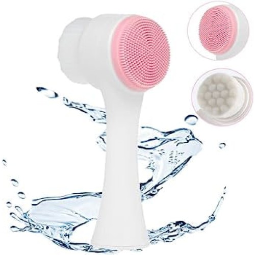 Brife Double Sided Facial Brush Manual Face Cleansing Brush Superfine Synthetic Hair Brush Handheld Silicon Brush (Pink)